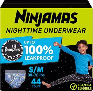 Ninjamas Boys Bedwetting Underwear, Overnight Protection, Ultra Absorbent, Hypoallergenic, Size S/M (17-32 kg), 44 Count,