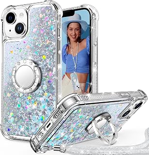 Glitter Case for iPhone 14, Ring Stand & Lanyard, Silver