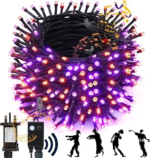NEXVIN Halloween Decorations Lights Outdoor, 20M 200 LED Halloween String Lights with Spooky Music Waterproof, Plug in Motion Sensor Orange & Purple Fairy Lights for Yard Bedroom Home Party Tree Decor
