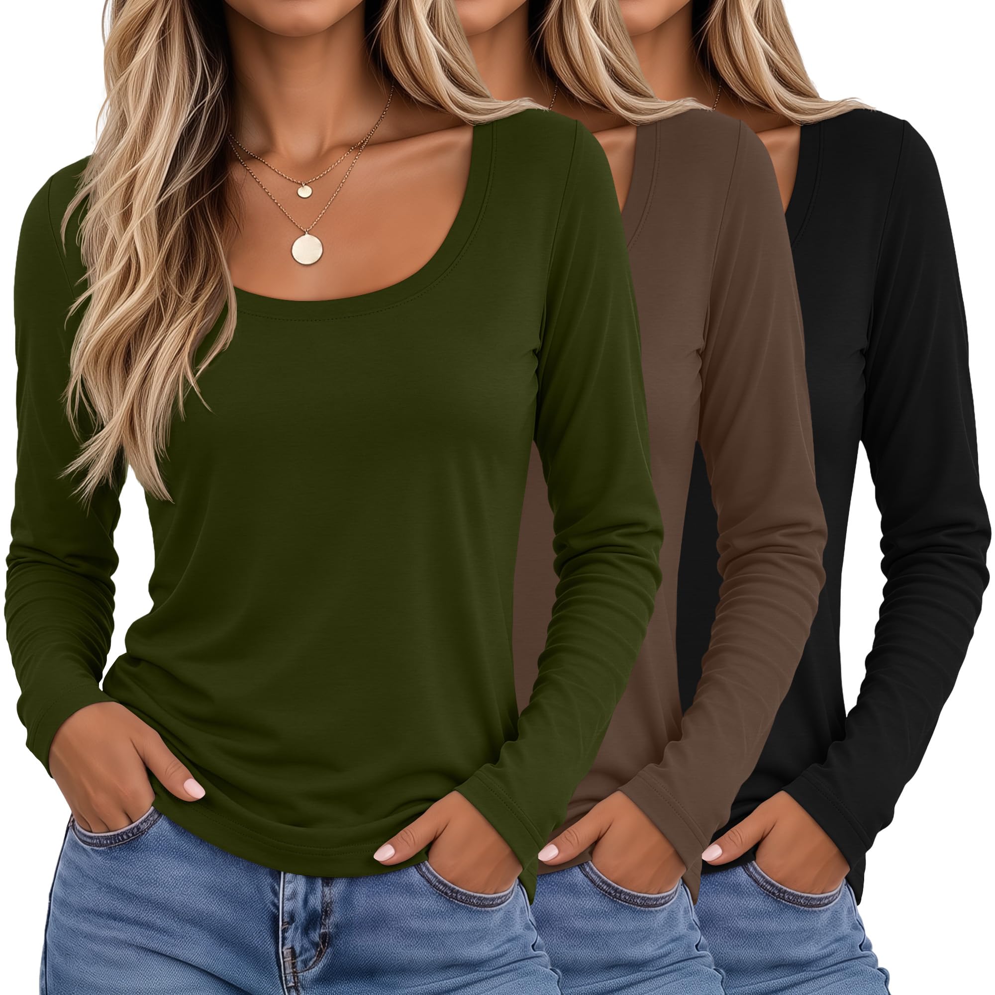 Neer 3 Pack Women Long Sleeve Shirts Scoop Neck Casual Tops