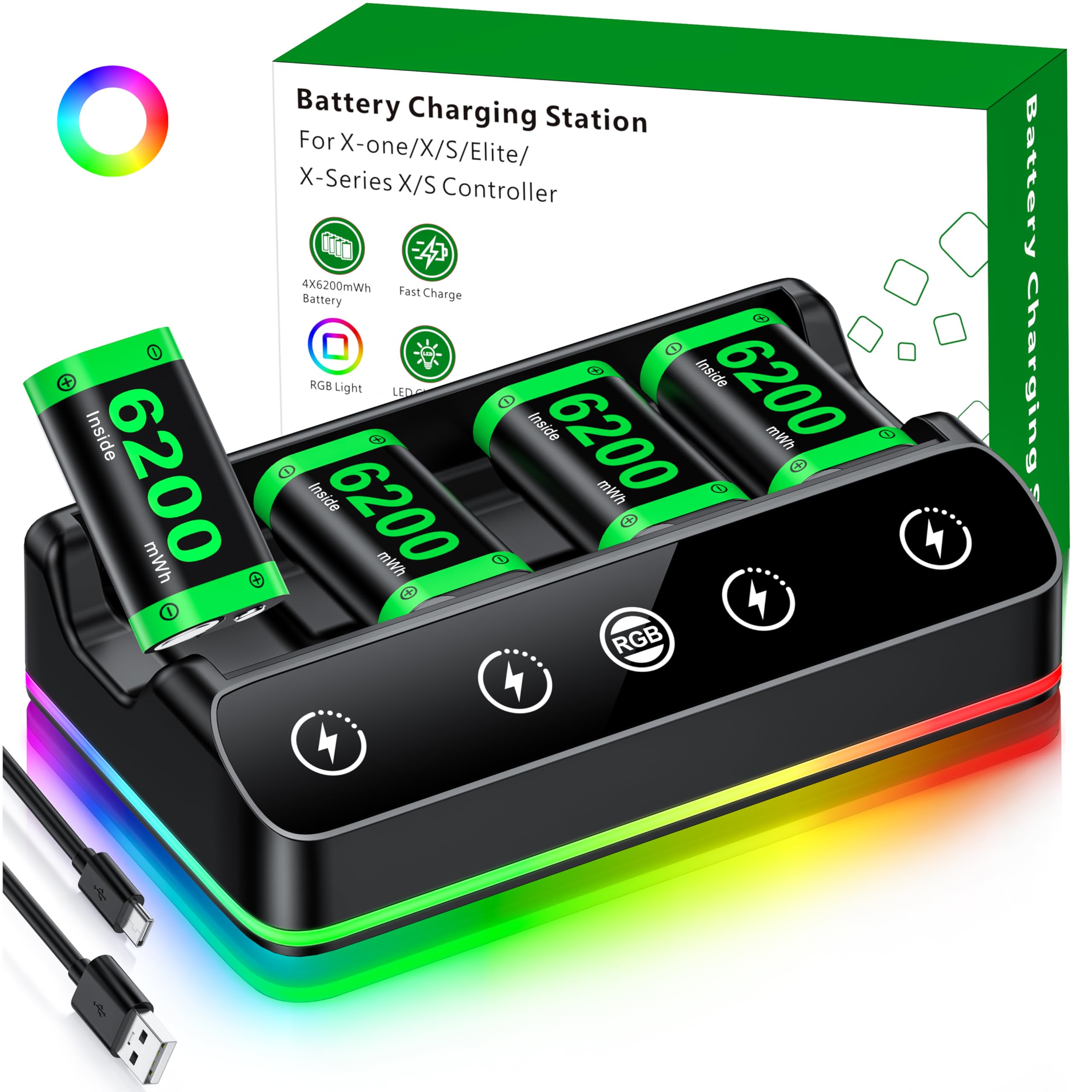 4X 6200mWh Battery Pack Compatible with Xbox One/Series S/X Controller Charging 