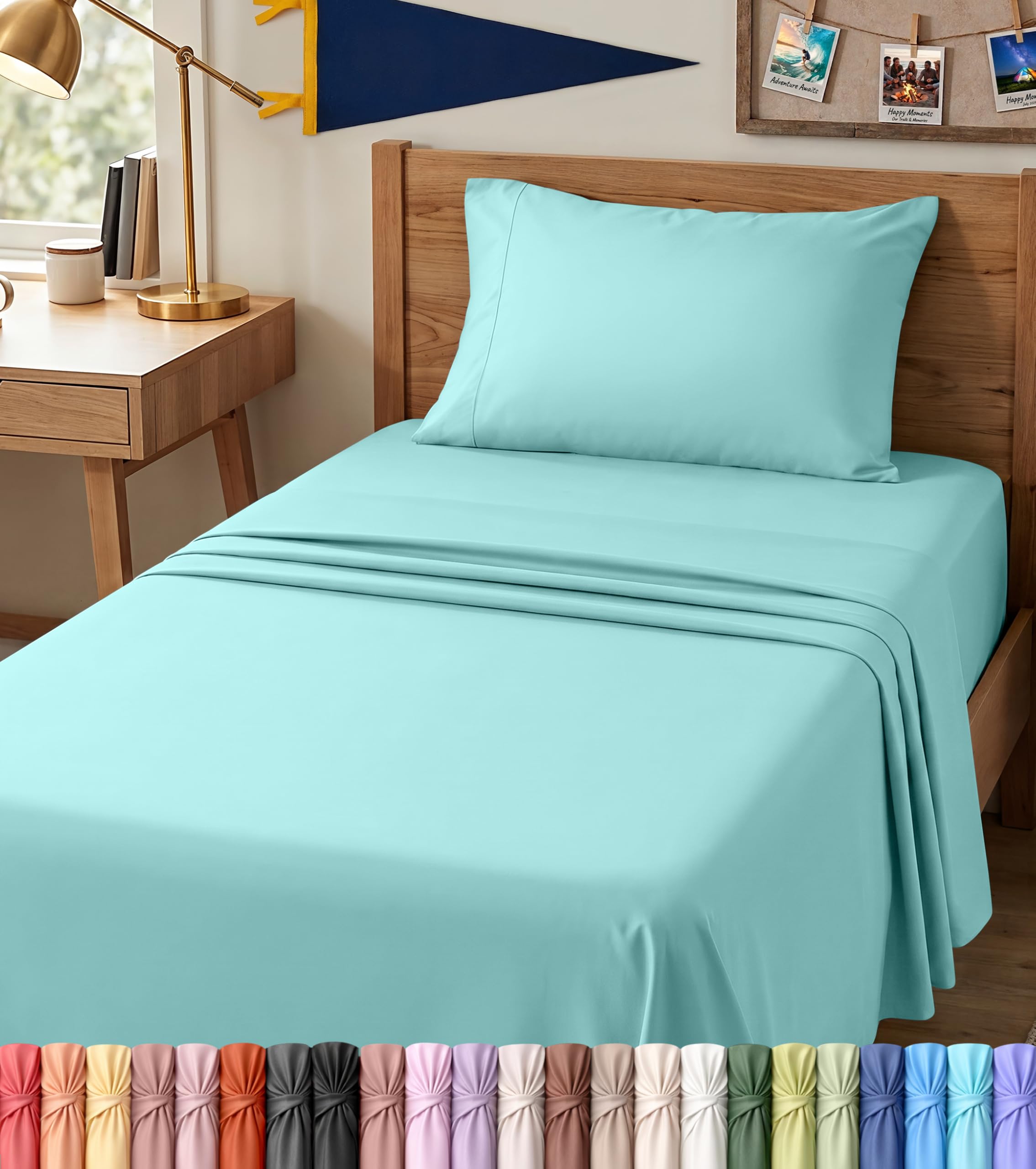 Twin XL Sheets Set, 3 Pieces 16" Deep Pocket Hotel Luxury Sheets, Spa Blue