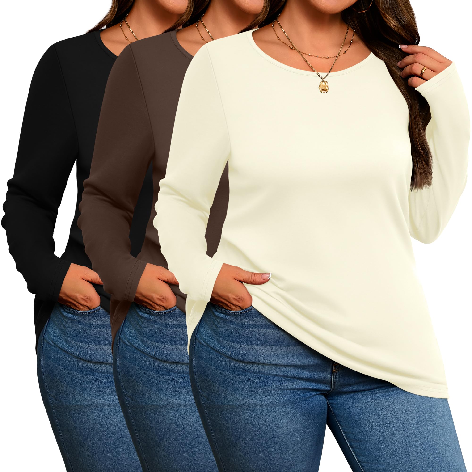 Evervibe 3 Pack Women's Plus Size Cotton Shirts Long Sleeve Tops