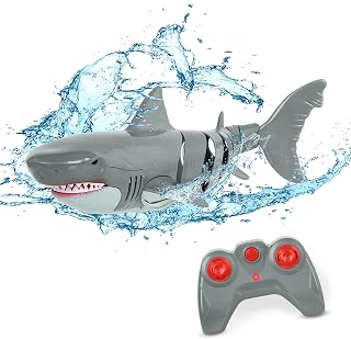 Terra by Battat RC Shark Great White Remote Control Water Toy, Grey Shark | Swimming shark radio control toy with remote, USB charging cable, pool or bath play, grey great white, Grey Shark, 6+ Years