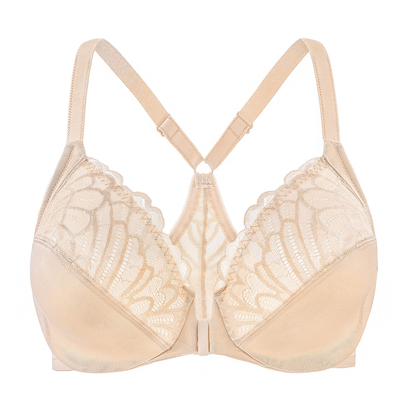 MELENECA Women's Plus Size Bra Front Closure Lace Racerback Unpadded