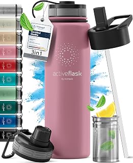 BeMaxx Active Flash Thermal Water Bottle with Straw 1 Litre 750 ml 500 ml (3 Infuser Caps for Tea and Fruit), BPA Free | Insulated Stainless Steel Bottle - Sports Gym Office Fitness