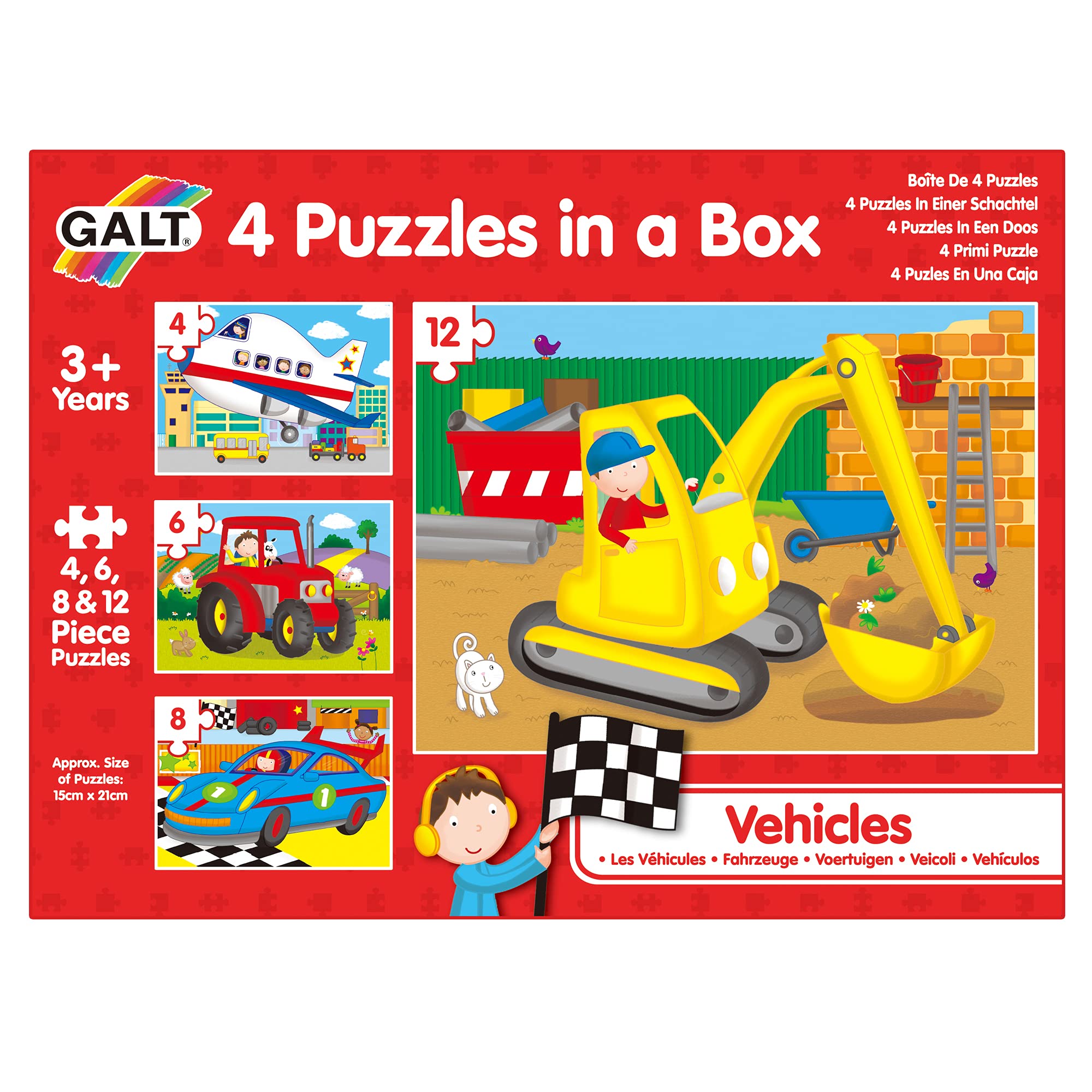 Galt 4 Puzzles in a Box - Vehicles, Jigsaw Puzzle for Kids, Ages 3 Years +