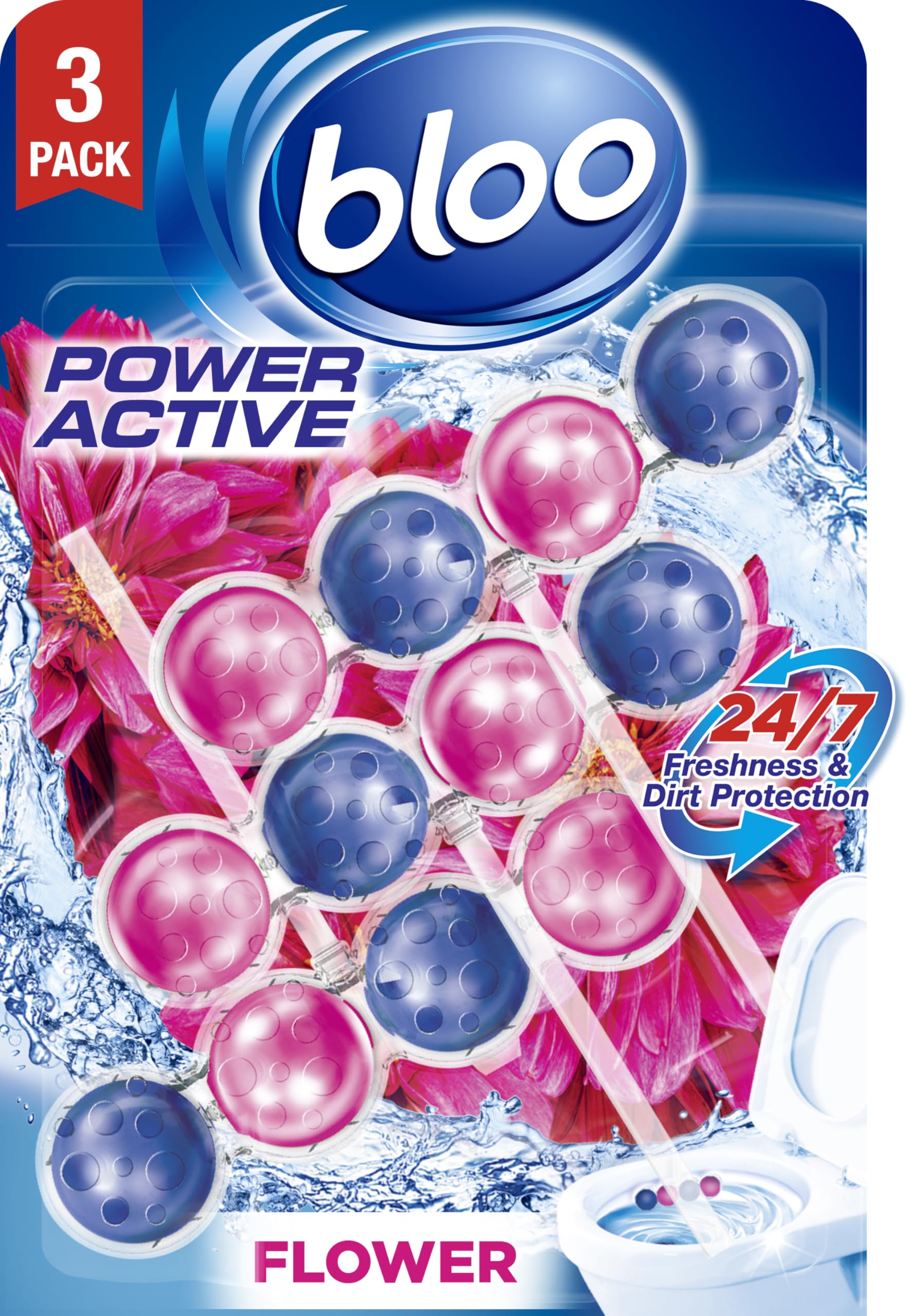 Bloo Power Active Toilet Rim Block & Freshener, Fresh Flowers, Pack of 3