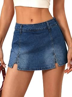 Emmiol - Minigonna da donna in denim, a vita medio-bassa, elasticizzata, con cerniera laterale, stile casual Y2k, con pantaloncini sotto