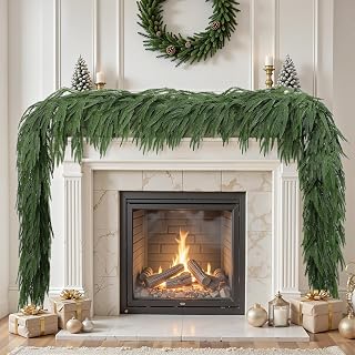 Alupssuc 9FT Christmas Norfolk Pine Garland, Soft Real Touch Mantle Decor | Thick Pine Garland, Artificial Greenery Christmas Garland for Fireplace, Table, Stairs, Indoor&Outdoor Christmas Decorations