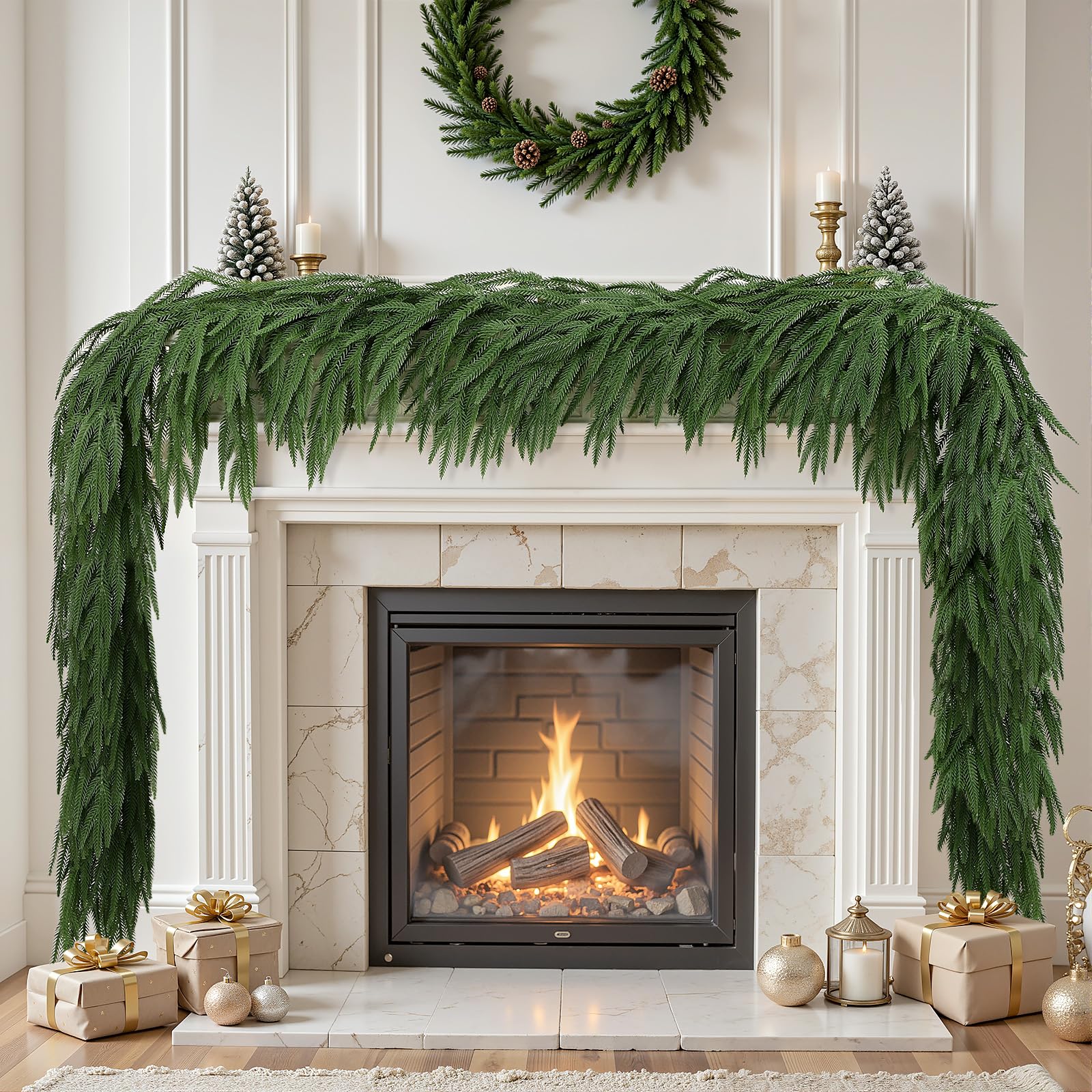 Alupssuc 9FT Christmas Norfolk Pine Garland, Soft Real Touch Mantle Decor | Thic