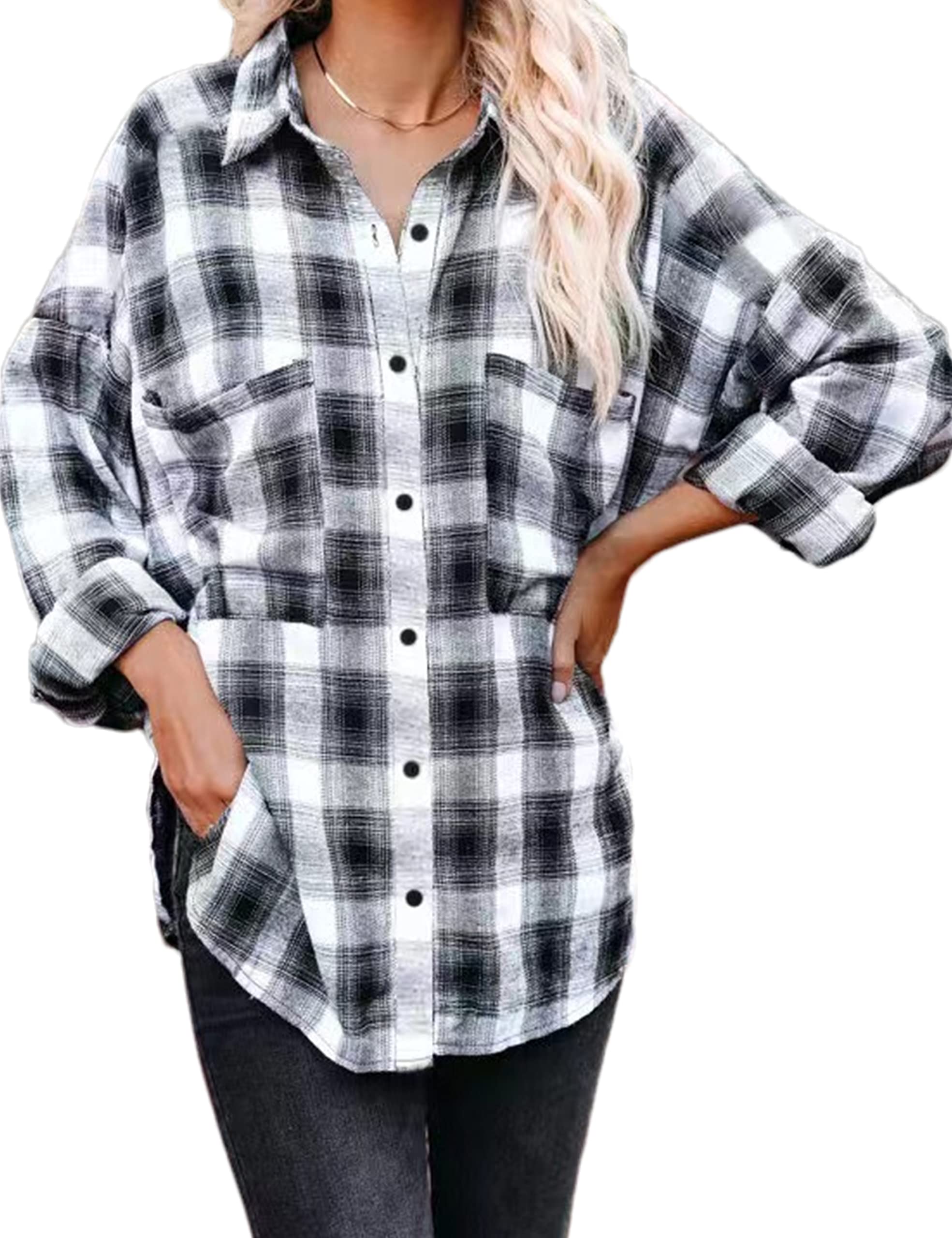 Megfie Women's Oversized Flannel Shirt Plaid Soft Flannel Shirt Button Down Long