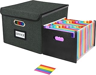 Fuonsyn File Organizer Box with 25-Pocket Accordion Folder & Protective Lid | Dark Grey File Storage Box with Lid, Portable Document Organizer for Home Office School Paper Sorting & Classification