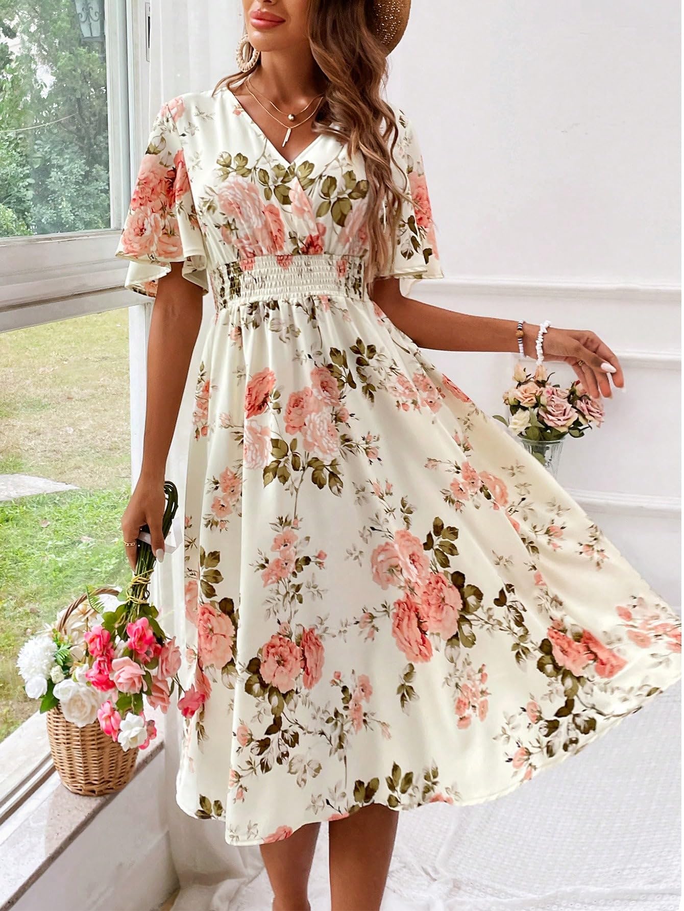 Women's Summer Casual V Neck Floral Print Ruffle Sleeve Smocked Waist A-Line Swi