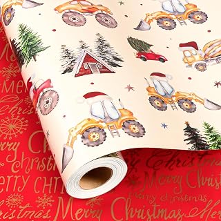 Burymento Construction Christmas Wrapping Paper for Kids, Funny Cream Excavator, Bulldozer & Monster Truck Boys Wrapping Paper, Reversible Red Merry Christmas Gift Wrap for Holiday (17 Inch X 33 Feet)