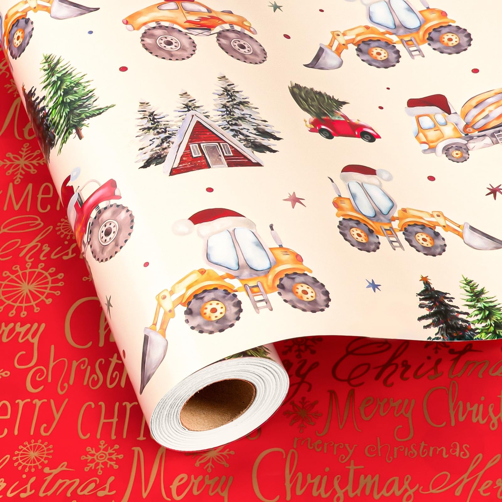 Burymento Construction Christmas Wrapping Paper for Kids, Funny Cream Excavator,