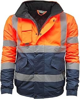 Hi Vis Viz Bomber Jacket High Visibility Workwear Two Tone Safety Security Hooded Padded Waterproof Taped Seams Work Wear Coat Top Plus Sizes S-3XL