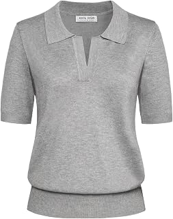 Kate Kasin Women Short Sleeve V-Neck Polo Shirt Casual Ribbed Pullover Loose Sweater