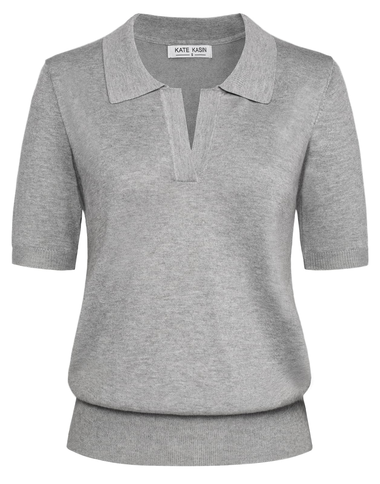 Kate Kasin Women Short Sleeve V-Neck Polo Shirt Casual Ribbed Pullover Loose Swe