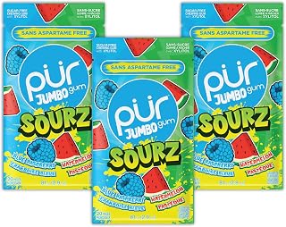 PUR Jumbo Gum Sour Blue Raspberry & Watermelon Xylitol Gum, 60 Count (3x20)