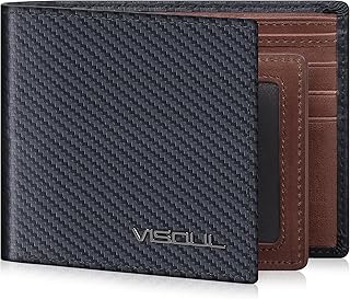 VISOUL Mens Bifold Wallet with 2 ID Windows Carbon Fiber Leather, RFID Blocking Multi Card Holder Wallet with 2 Money Compartments, Stylish Two-Tone Back Pocket Wallet for Men (Black+Brown)