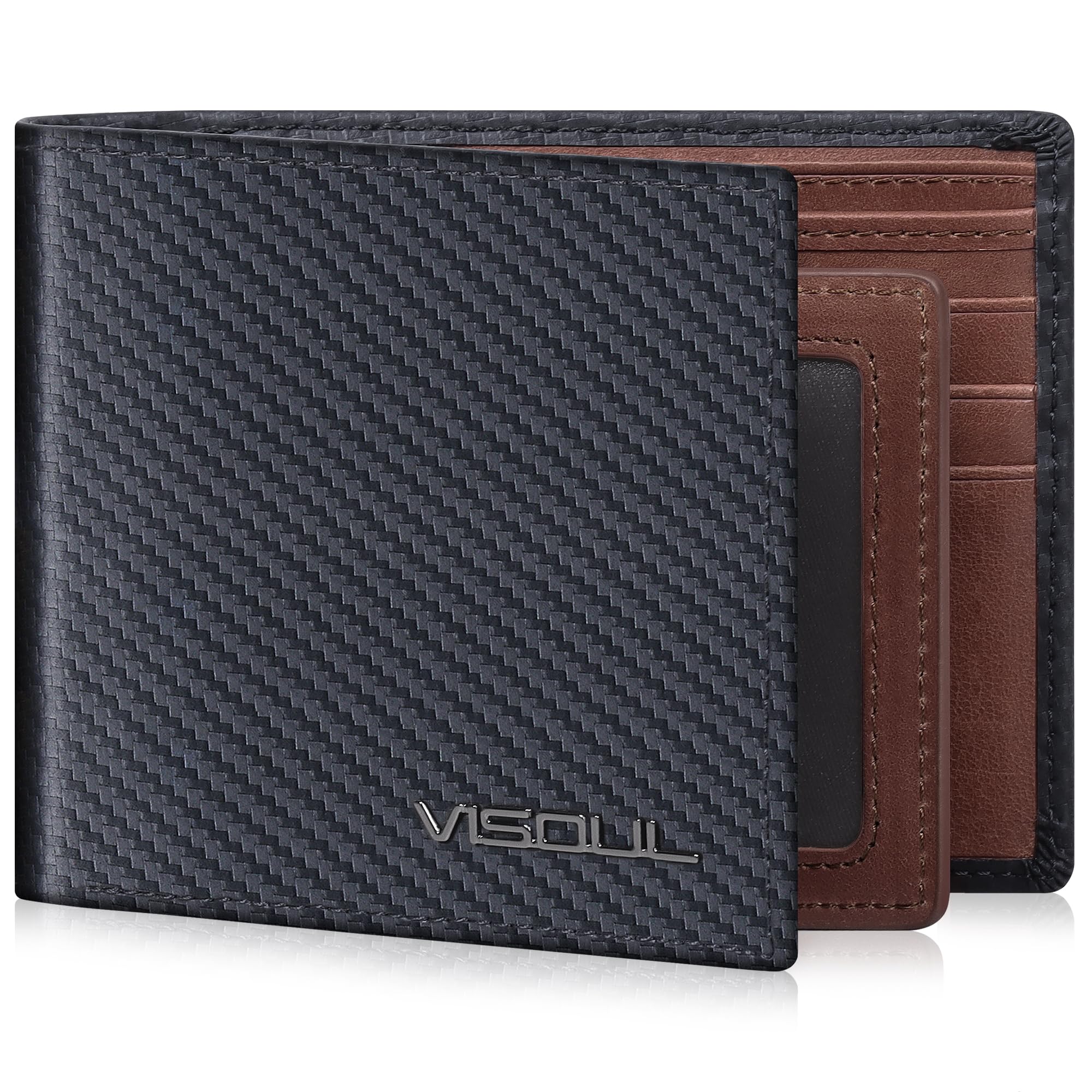 VISOUL Mens Bifold Wallet with 2 ID Windows Carbon Fiber Leather, RFID Blocking 