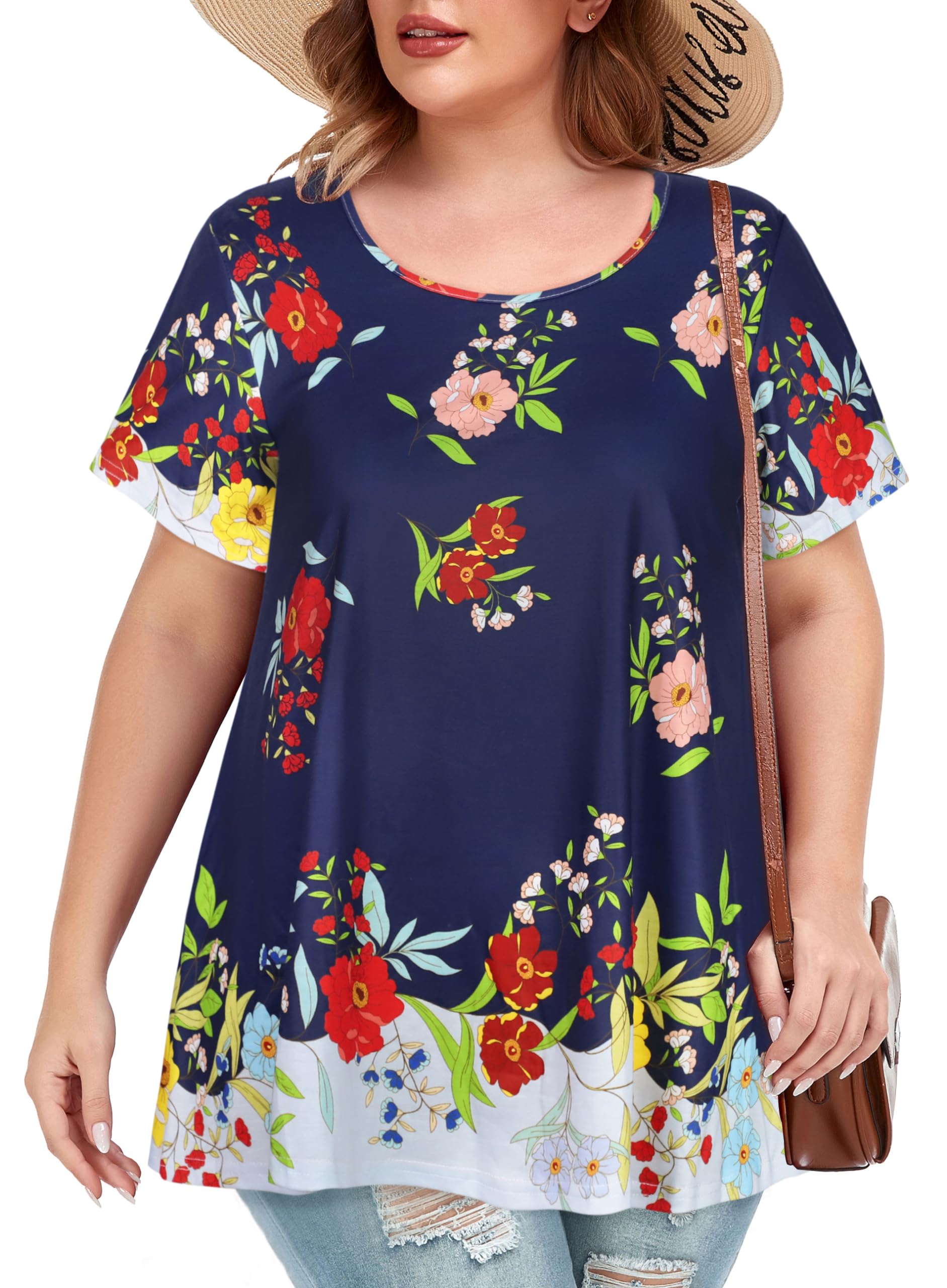 JOELLYUS Plus Size Tops for Women Tunic Floral Casual Short Sleeves T Shirts Flo