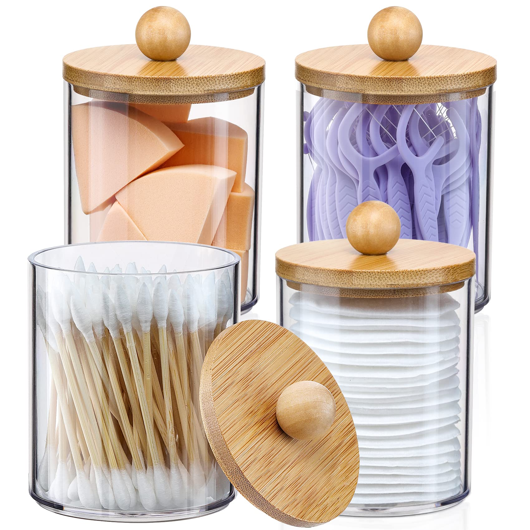 4 Pack Qtip Holder Dispenser with Bamboo Lids - 10 oz Clear Plastic Apothecary J