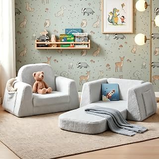 BanaSuper Wide Kids Sofa, Convertible Foam Couch for Children 3-8, Gray | Fold-Out Children Chair, Extra Wide Base for Stability, Sherpa Kids Reading Chair, Comfy Sofa Chair for Children Age 3+