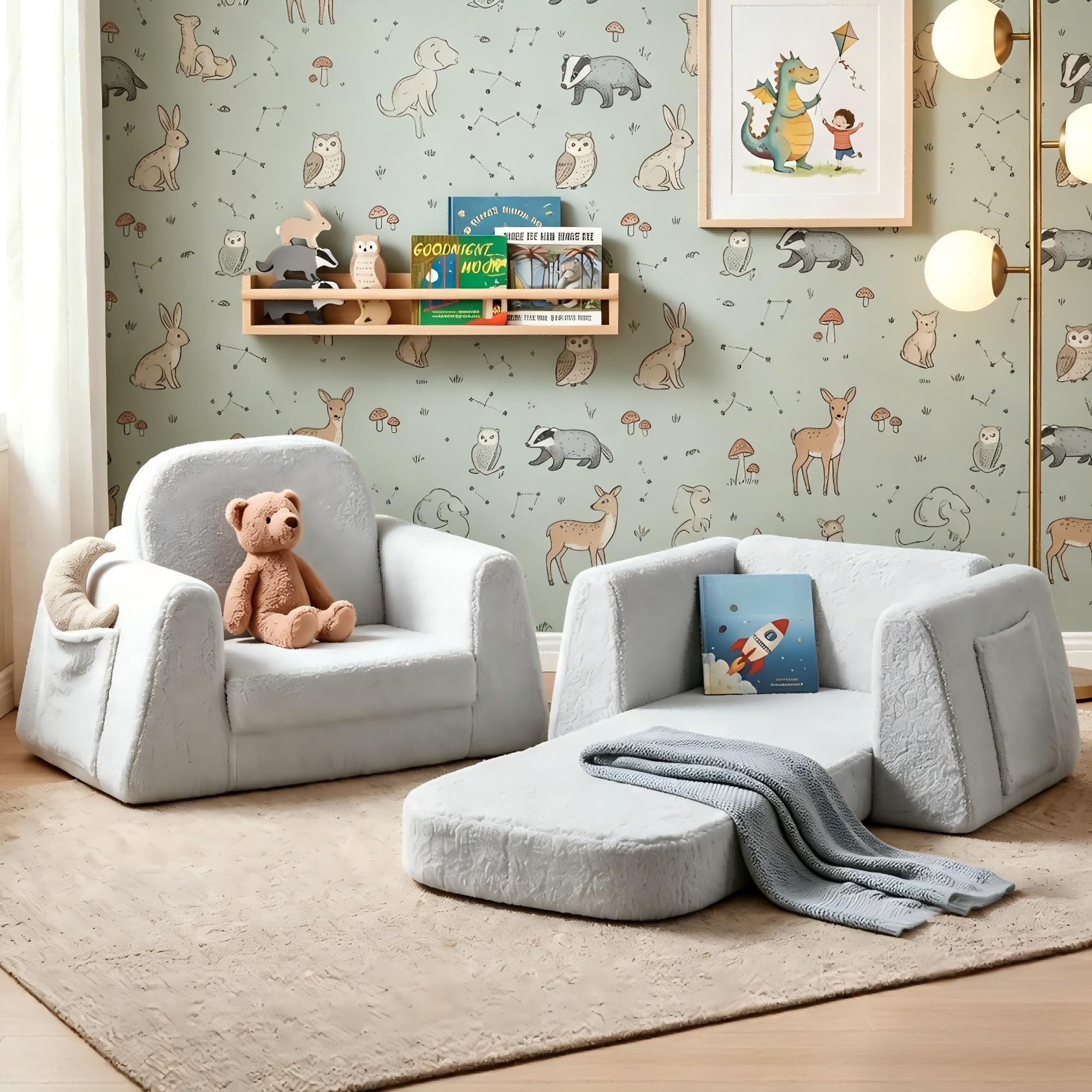 BanaSuper Wide Kids Sofa, Convertible Foam Couch for Children 3-8, Gray | Fold-O