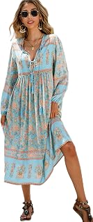 R.Vivimos Women's Long Sleeve Floral Print Retro V Neck Tassel Bohemian Midi Dresses
