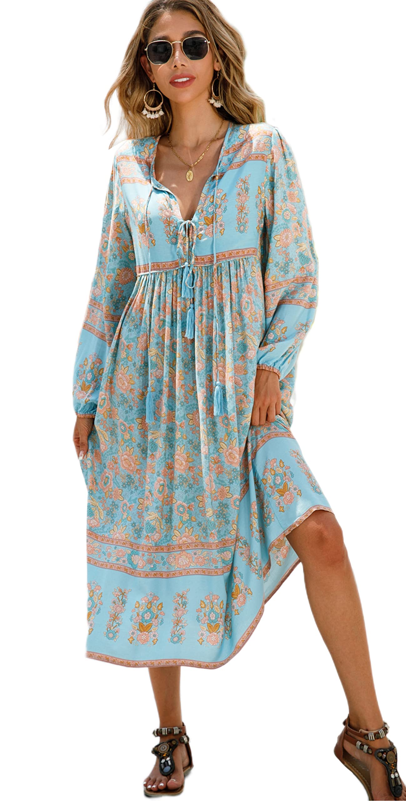 R.Vivimos Women's Long Sleeve Floral Print Retro V Neck Tassel Bohemian Midi Dre