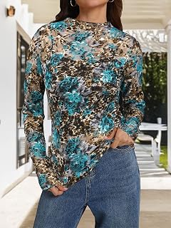 Women's Long Sleeve Mock Neck Lace Tops Sexy Floral Western See Through Blouse Sheer Mesh Shirt Party Clubwear