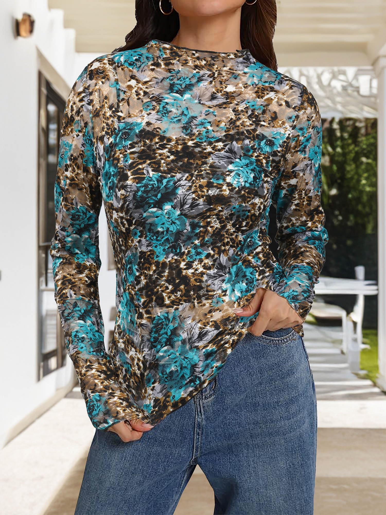 Women's Long Sleeve Mock Neck Lace Tops Sexy Floral Western See Through Blouse S
