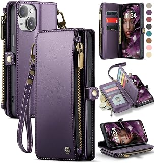 Defencase iPhone 15 Plus Case, RFID Blocking Wallet Case with 9 Credit Card Holder Zipper PU Leather Protective Cover, Fashion Purple