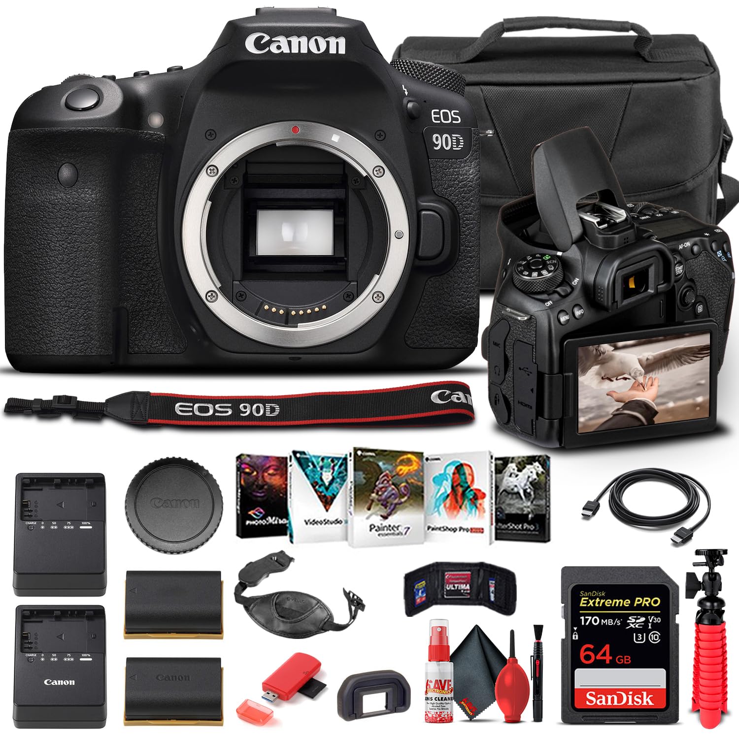 Canon EOS 90D DSLR Camera (Body Only) (3616C002), 64GB Memory Card, Case, Corel 