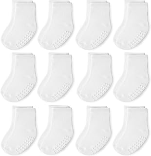 JAKIDAR 12 Pack Baby Toddler Socks Non Slip Grip Cotton Crew Socks for Boys Girls Infants Kids