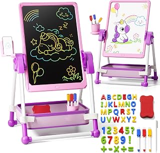 Art Easel for Kids 2‑4, 2‑in‑1 Kids Easel 5‑7 Year Old,One‑Key Clear & Lock | Art Easel for Kids Ages 4‑8, Learning Educational Toys for 3 4 5 Year Old Girl, Birthday Gifts for 3 4 5 Year Old Girls