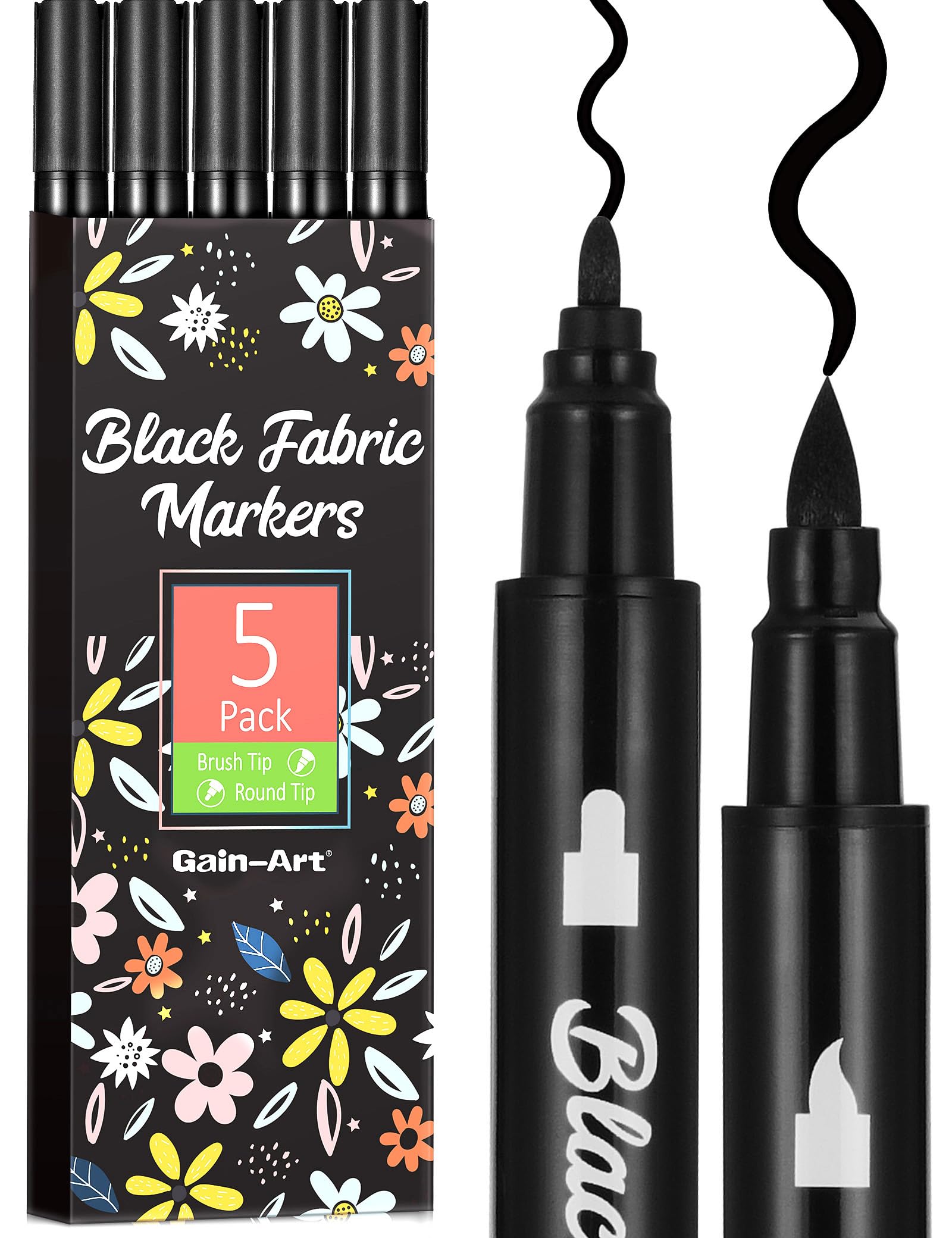 Gain-Art Black Fabric Markers, Dual-Tip Fabric Markers Permanent for Clothes, No