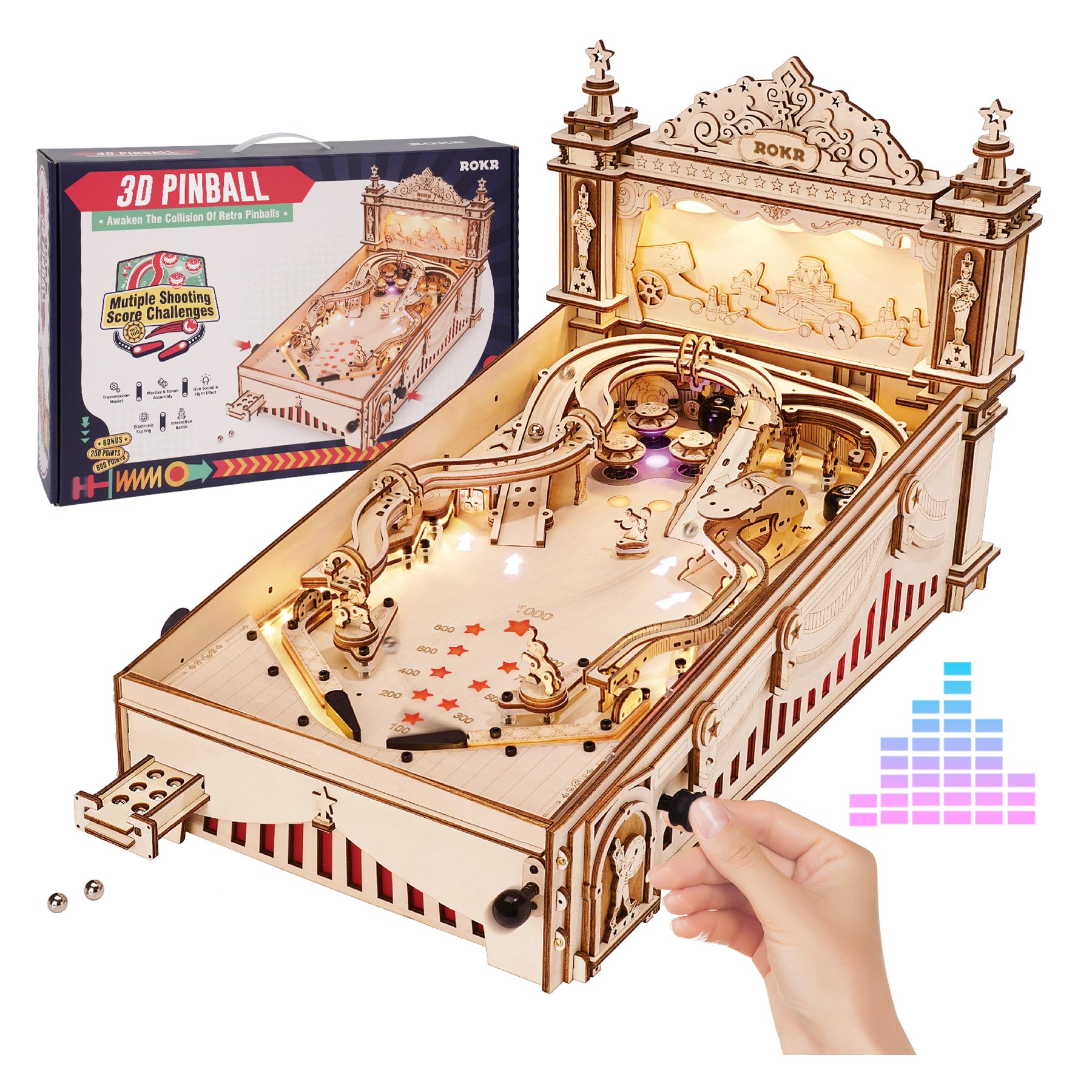 ROKR Miniature Pinball Machine-3D Wooden Puzzles for Adults-DIY Wood Model Kits 