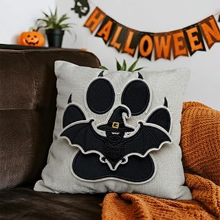 Halloween Pillow Cover 18x18 Inch - 1pc Throw Pillow Cover for Home Decor & Halloween Decorations Outdoor, Printed Black Paw Print with a Witch-Hatted Bat for Sofa Couch