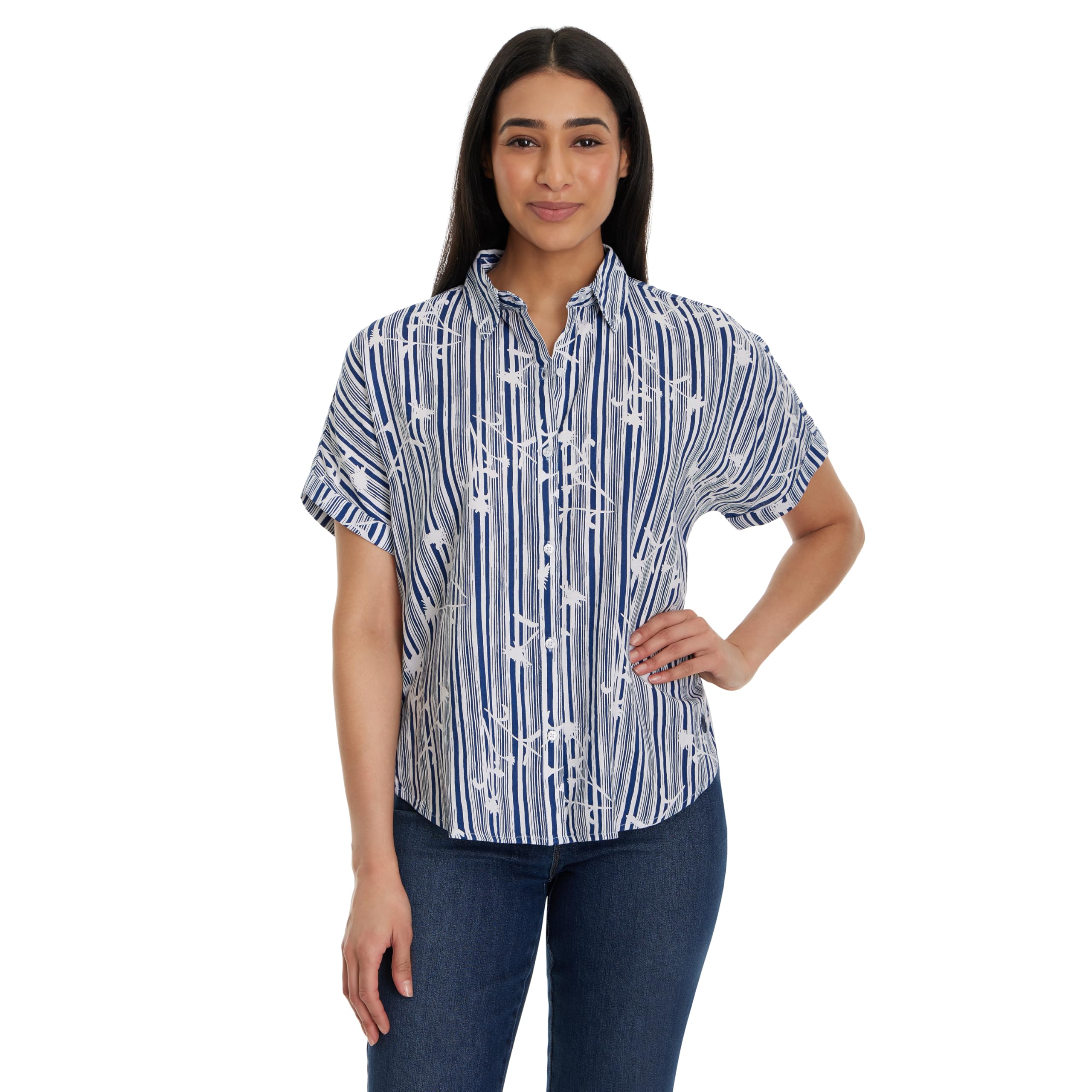 Gloria Vanderbilt Daisy Short Sleeve High-Low Button Down Shirt Standard Daisy S