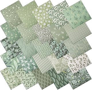 25 Pcs Sage Green Cotton Fabric Squares, 10 x 10 Inch, Precut | 25 assorted floral and leaf prints, soft cotton, quilt and craft use, vintage-inspired sage green palette