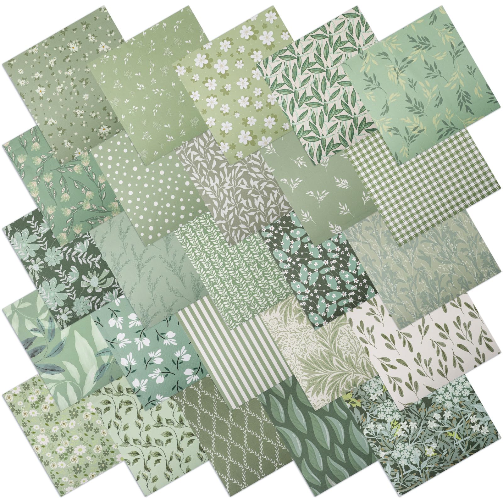 25 Pcs Sage Green Cotton Fabric Squares, 10 x 10 Inch, Precut | 25 assorted flor