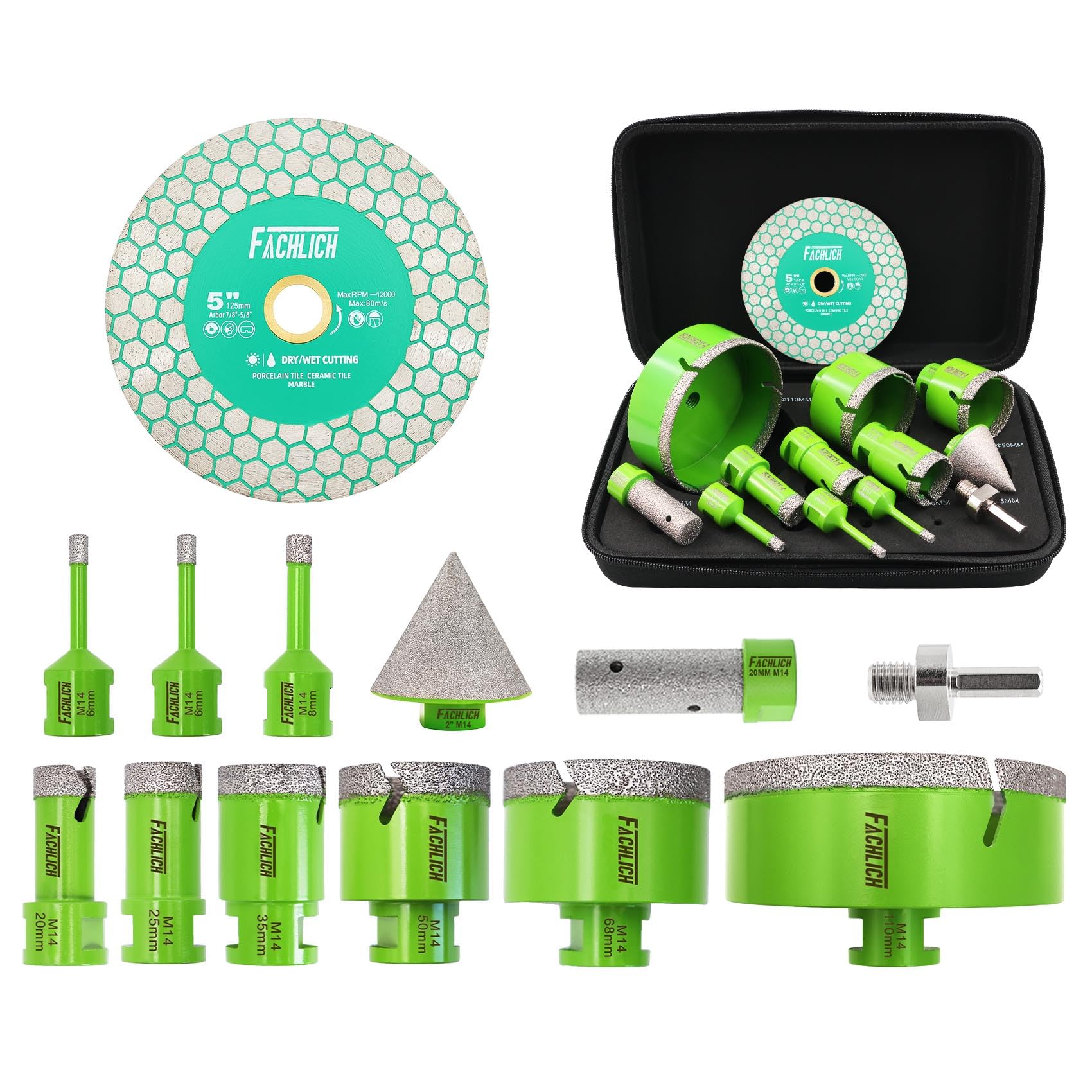 Diamond Tile Drill Bit Set - FACHLICH 13 pcs Ceramic Hole Saw Kit 6-110mm+20mm F