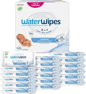 WaterWipes Sensitive+ Newborn & Baby Wipes, 99.9% Water, Unscented, 18 Pack | 3-in-1, cleans, cares & protects, hypoallergenic formula, 0% fragrance & alcohol, 1080 count for everyday use