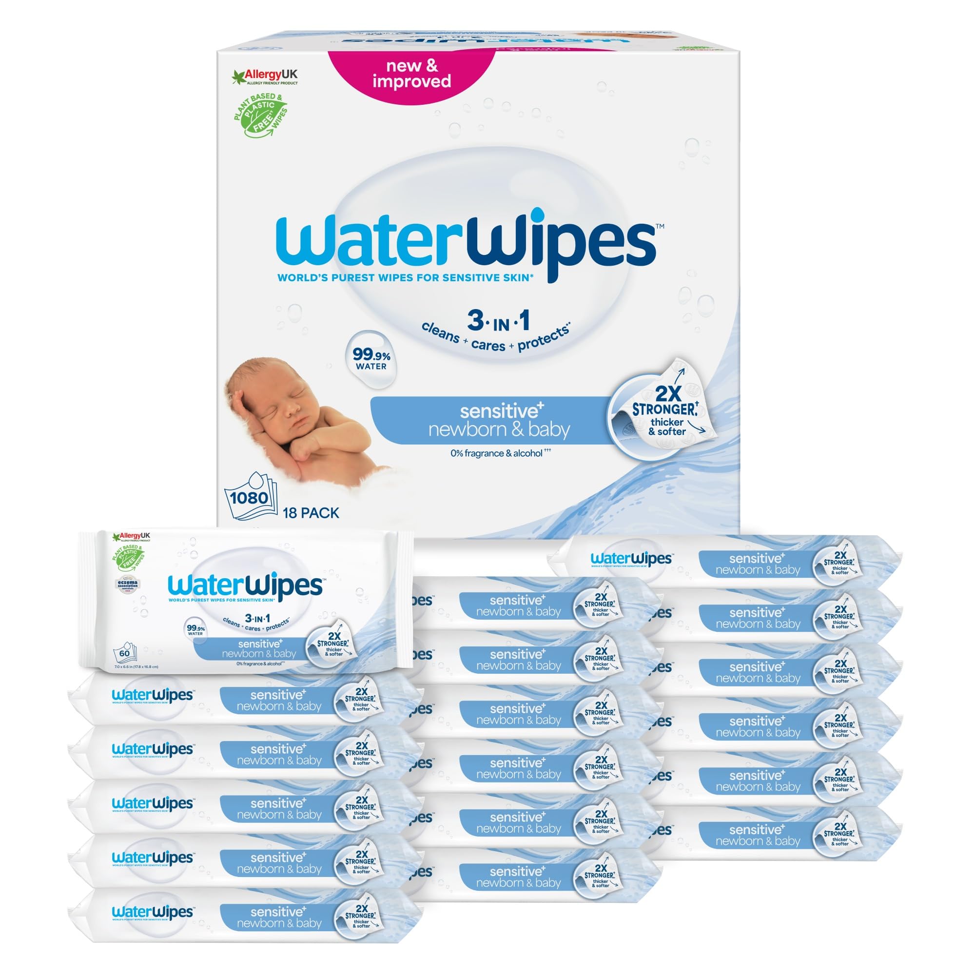 WaterWipes Sensitive+ Newborn & Baby Wipes, 99.9% Water, Unscented, 18 Pack | 3-