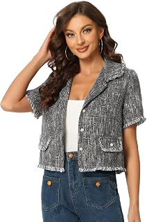 Women Summer Short Sleeve Tweed Shirt with Tassels