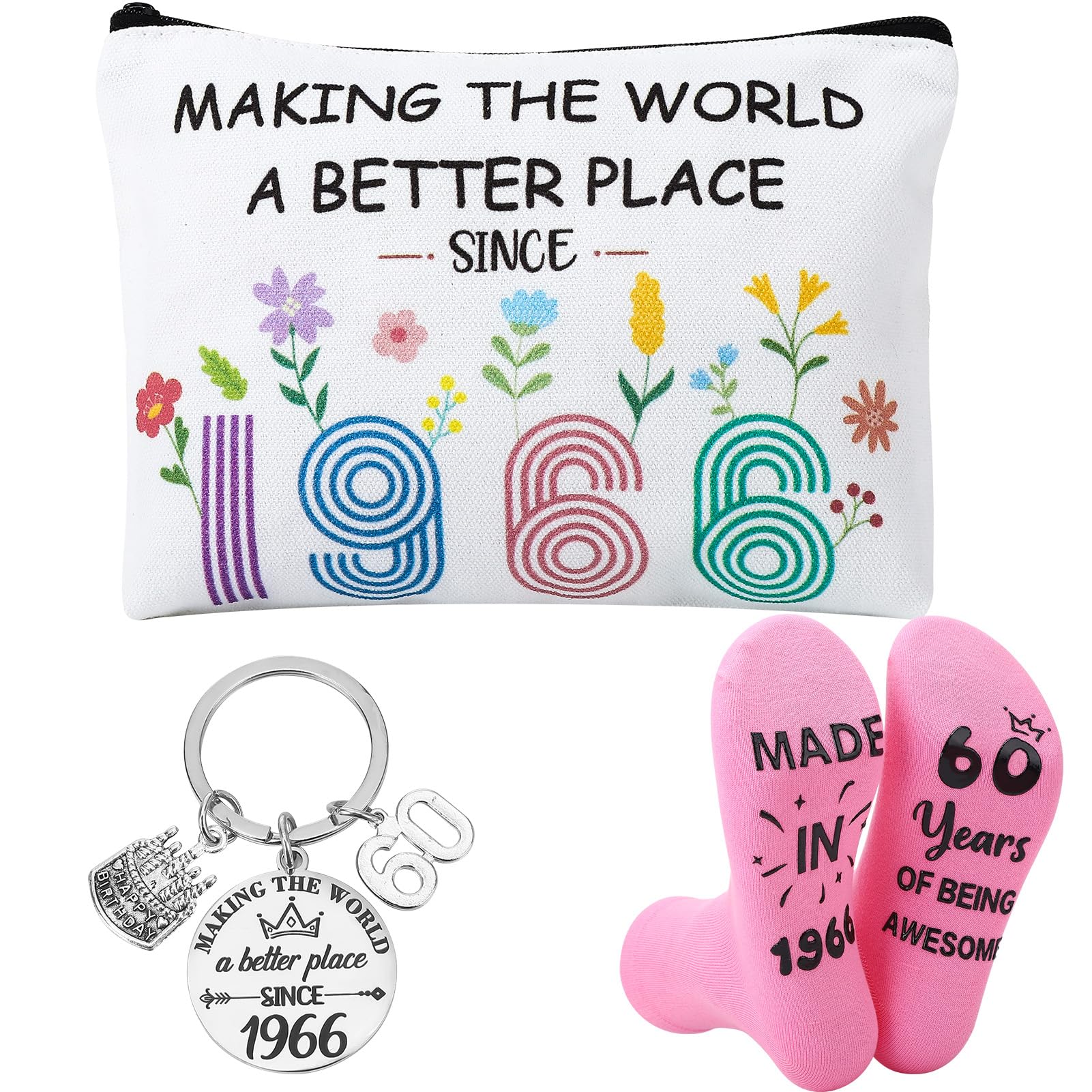 ViEinkaufen 60th Birthday Gifts for Women 1966 Makeup Bag Socks,Keyring | 60 Yea