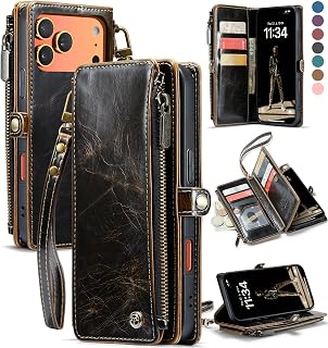 Defencase for iPhone 17 Pro Max Wallet Case with RFID Card Holder, Coffee | Durable Soft PU Leather, with Zipper Pocket, Wrist Strap, Fashion Snap Flip Phone Cases Cover with Stand for Women and Men